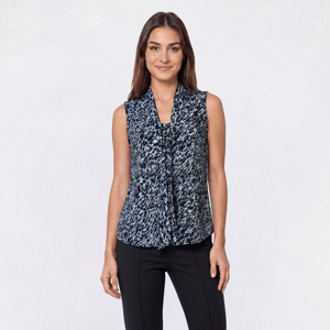 Womens Kasper Sleeveless Tie Neck Abstract Smudge Blouse